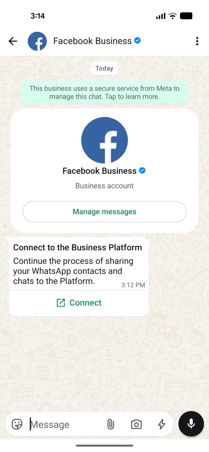 Abre el mensaje oficial de Facebook Business y toca Connect.