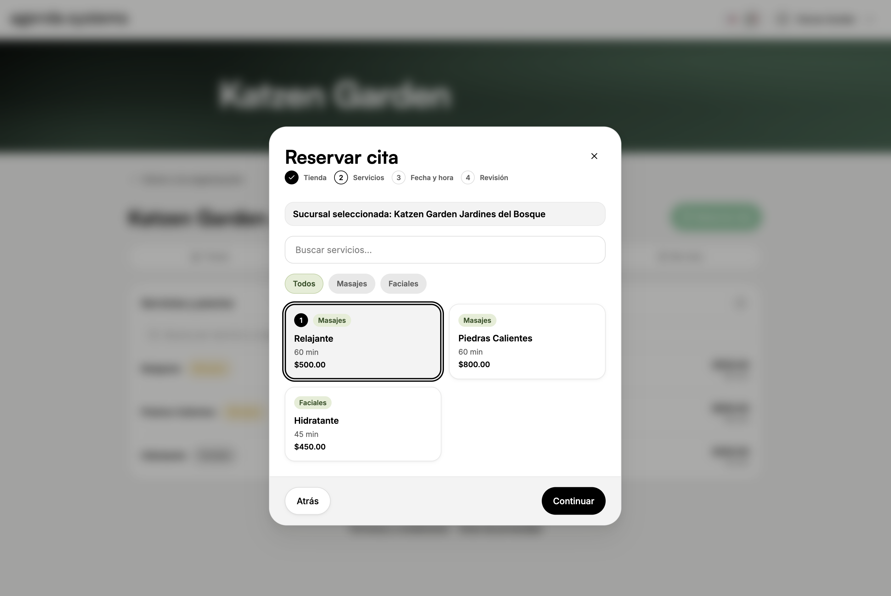 Flujo de reserva online de Agenda Systems para seleccionar un servicio